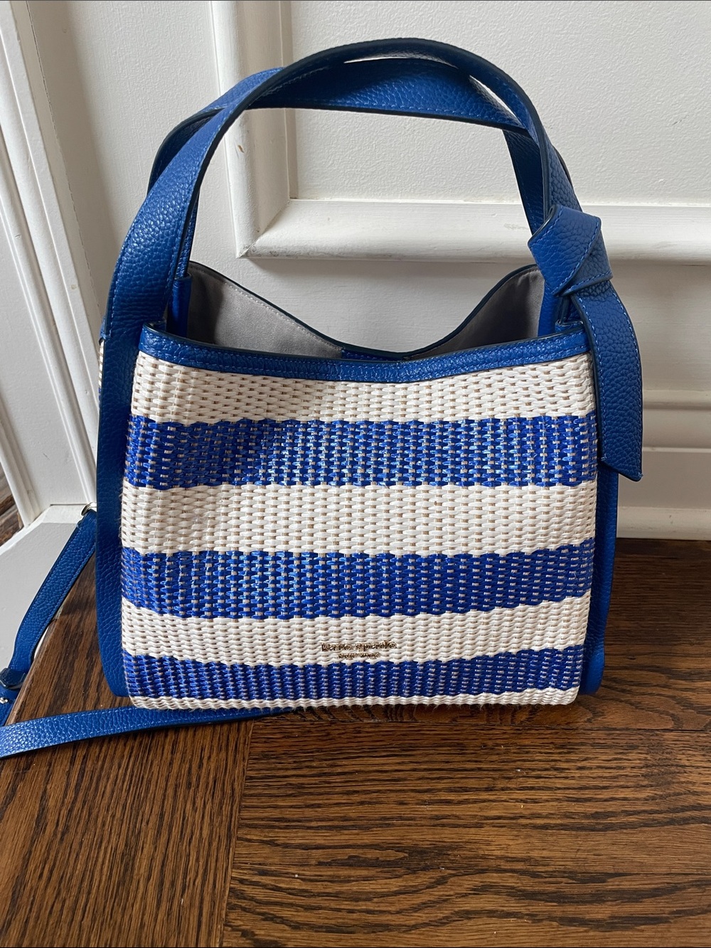 Kate Spade New York Knott Striped Crossbody Medium Tote Classic Blue raffia $380